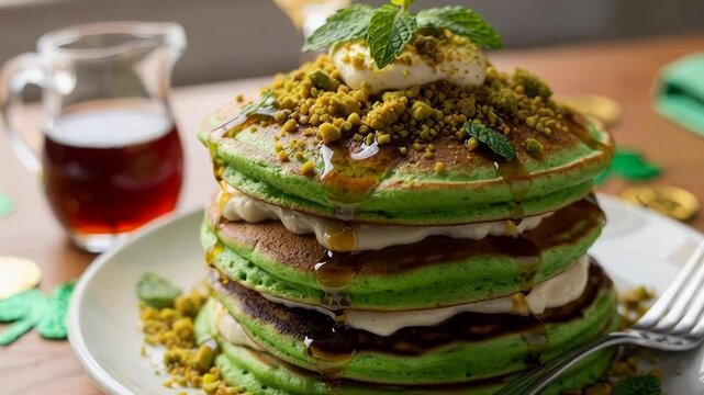 Delicious green pancake stack with syrup and mint garnish on a festive table set for breakfast