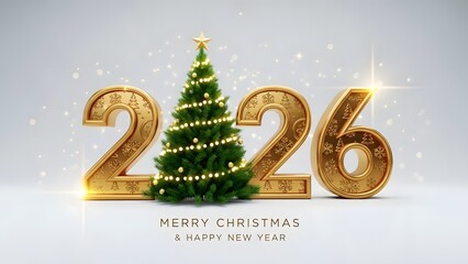 Festive 2026 Christmas and New Year Design with Golden 3D Numbers and Decorated Tree