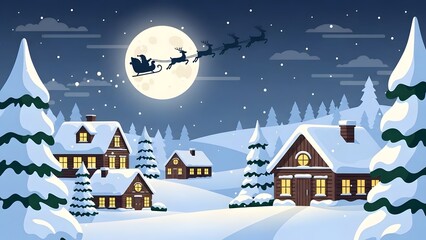 Peaceful Winter Night Village with Santa Sleigh Silhouette Over Full Moon Flat Vector Illustration