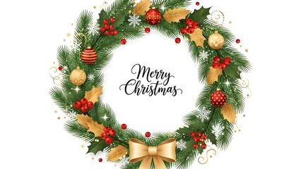 Elegant Christmas Wreath with Merry Christmas Calligraphy in Modern Flat Vector Style