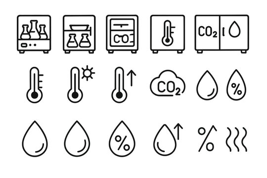 Laboratory equipment and climate control icons - beakers, incubator, thermometer, humidity, co2 levels