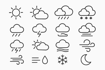 Obraz premium Minimalist weather icons collection featuring sun, cloud, rain, wind, and snow symbols