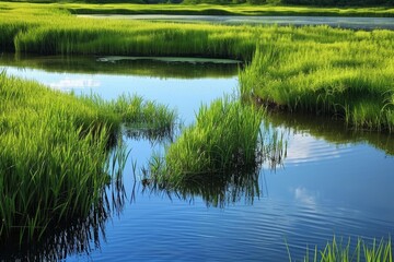 Obraz premium Tranquil swamp or marsh landscape featuring vibrant green grass growing in calm blue water under a clear sky