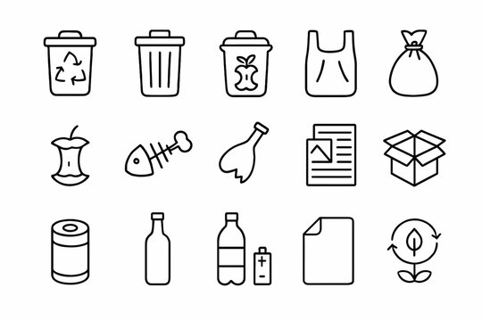 Outline icons of trash, recycling bins, waste items, and eco-friendly symbols