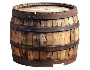 Fototapeta premium A weathered wooden barrel, crafted from planks with iron bands securing the structure, set against a plain white background