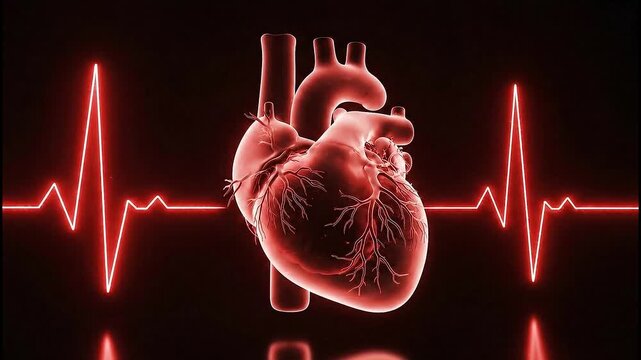 Glowing anatomical human heart model next to a red ekg heartbeat line on a dark background