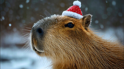 A cute capybara wearing a small red Christmas hat in winter snow, a wild animal profile portrait, funny holiday nature concept.