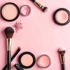 Pink makeup, brushes, and powder arranged in a frame