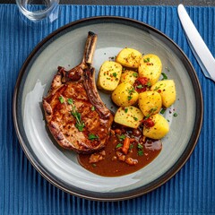 Grilled pork chop with roasted potatoes and brown sauce on a plate