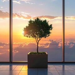 A small tree in a planter, bathed in sunset light, through a large window overlooking clouds