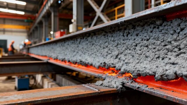 Medium shot of intumescent fireproof steel coating application highlighting thick protective layers expanding under heat to safeguard structural integrity