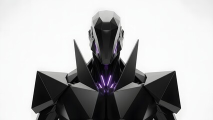 A sleek, dark, futuristic robot with sharp geometric armor and glowing purple details on a white background.