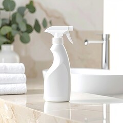 White spray bottle on marble countertop in a bathroom