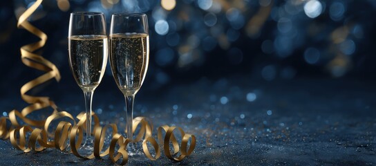 Two Champagne Flutes with Bubbly Liquid, Gold Streamers, and a Sparkling Background for Celebration Design