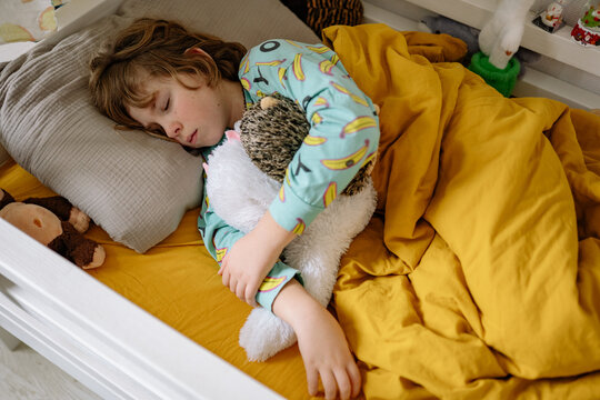 Child sleeps peacefully in bed with stuffed animal and blanket at home during daytime