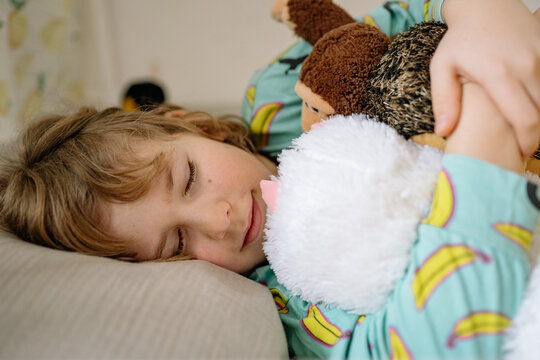 Child sleeps peacefully with stuffed toys at home during the night