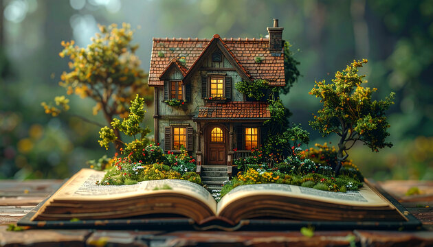 old house on the open book, 3d illustration