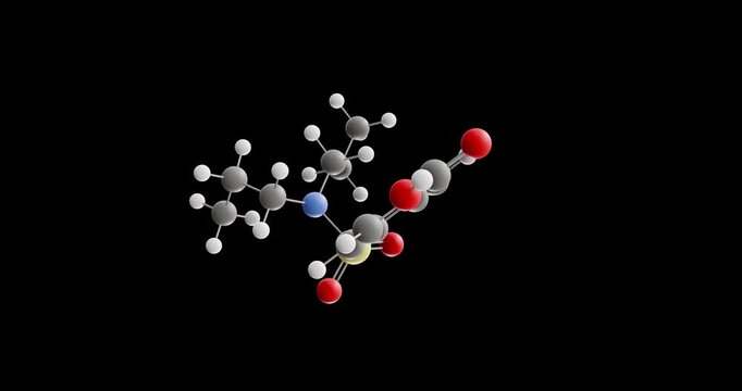 Probenecid molecule, rotating 3D model of uricosuric agent, looped video on a black background
