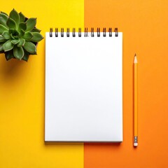 Blank spiral notebook and pencil on a yellow and orange background with a succulent