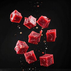 Fresh, raw beef cubes suspended in mid-air, with pepper and spice particles showering around them