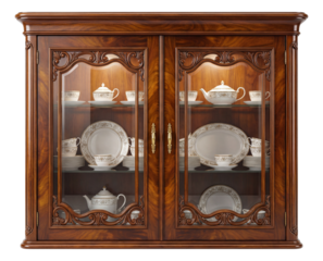 A wooden buffet with glass doors for showcasing china in a dining area.