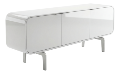 A sleek buffet with metal legs and a glossy white finish for minimalist living spaces.