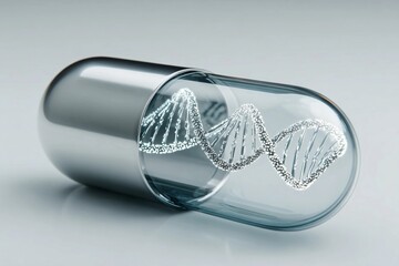 Capsule design with DNA helix hologram above in a clear display setting Generative AI