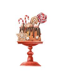 Watercolor Christmas cake illustration with gingerbread cookies, candy and festive sweets isolated on a white background