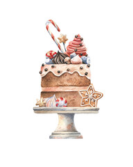 Watercolor Christmas cake illustration with festive sweets and decorations isolated on a white background