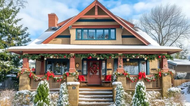 Charming snow-covered craftsman house decorated for Christmas with wreaths and garlands.