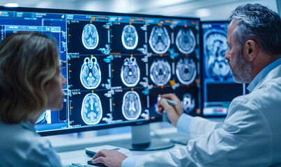 Fototapeta premium Doctors Analyzing Brain Scans in Control Room During MRI Procedure, Discussing Diagnosis, Medical Professionals Observing Imaging Results, Advanced Diagnostic Technology in Healthcare Setting