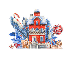 Hand-painted cozy winter house with Christmas sweets, candy and holiday elements on a white background