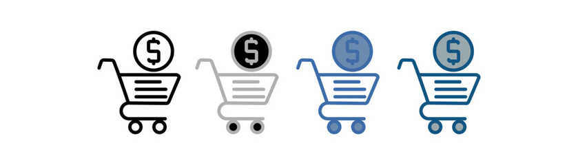 
Cash and carry icon set multiple style collection with trolley basket and money design
