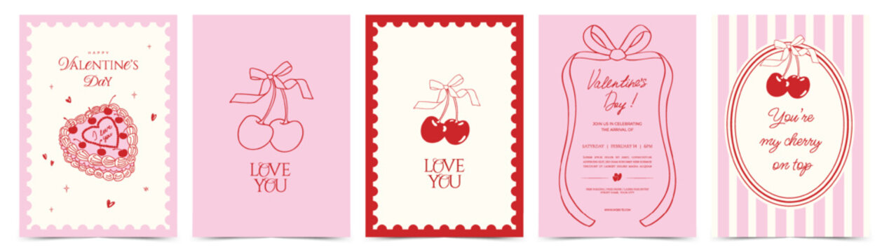 Valentine&rsquo;s Day card set in vintage coquette style with hand drawn cherries, bows, cake, decorative frames. Romantic template for celebration, poster, invitation, banner, ads, branding, cover, label