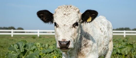 Holstein calf gazes forward in pasture