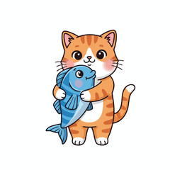 Obraz premium Adorable orange tabby cat hugging a blue fish against a white background