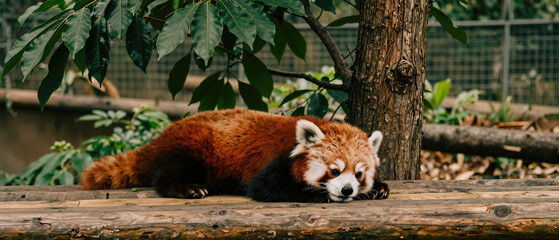 Red panda rests on wooden fence in wildlife sanctuary