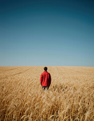 Man stands contemplating field under blue sky