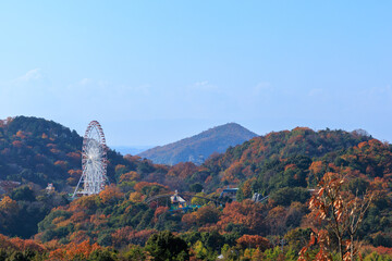 秋色の山並みと観覧車が見える遊園地の風景（愛知県犬山）

