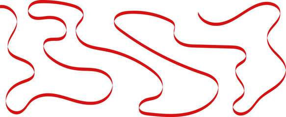 Long curling red satin ribbon isolated on white background, flowing wavy crimson silk strip for christmas, valentines, birthday decoration and gift
