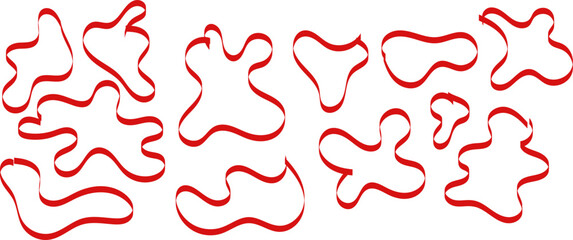 Collection of curved red satin ribbon loops and abstract shapes isolated on white background, set of decorative silk borders for design and gifts