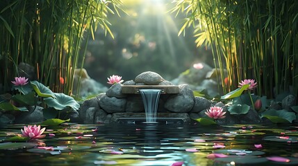 A serene fantasy garden with a small stone fountain gently flowing into a clear pond, surrounded by blooming pink lotus flowers and lily pads. 
