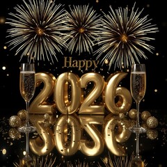 A festive New Year celebration scene featuring large gold metallic 2026 numerals glowing at the center, with the word &ldquo;Happy&rdquo; above them.
