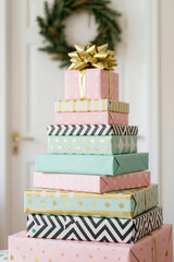 Gift stack celebrates holidays in a festive home