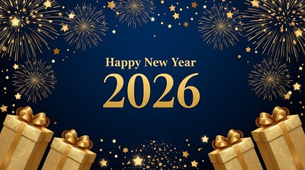 A luxurious New Year 2026 greeting card, deep blue background, golden fireworks