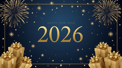 A luxurious New Year 2026 greeting card, deep blue background, golden fireworks