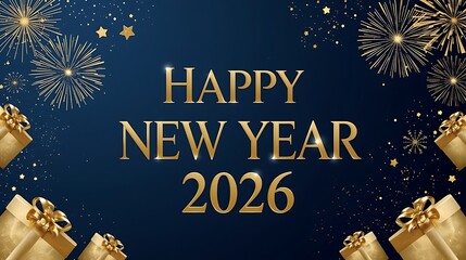 A luxurious New Year 2026 greeting card, deep blue background, golden fireworks