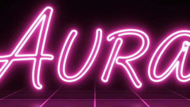 Neon Aura Sign Glowing Pink on Dark Background with Reflections.