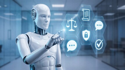 Advanced humanoid robot engaging in legal advice simulations modern office setting digital interaction technology concept