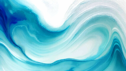 Fototapeta premium Abstract Teal Watercolor Wave With Fluid Marble & Cyan Ink Wash on White. Perfect for Modern Web Design, Coastal Branding, and Minimalist Liquid Motion Wallpapers.